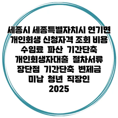 세종시 세종특별자치시 연기면 개인회생 신청자격 조회 비용 수임료 | 파산 | 기간단축 | 개인회생자대출 | 절차서류 | 장단점 | 기간단축 | 변제금 미납 | 청년 | 직장인 2025