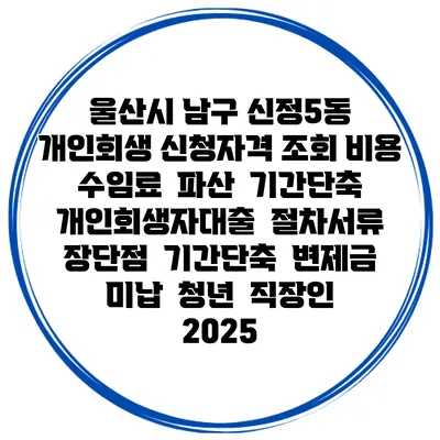 울산시 남구 신정5동 개인회생 신청자격 조회 비용 수임료 | 파산 | 기간단축 | 개인회생자대출 | 절차서류 | 장단점 | 기간단축 | 변제금 미납 | 청년 | 직장인 2025