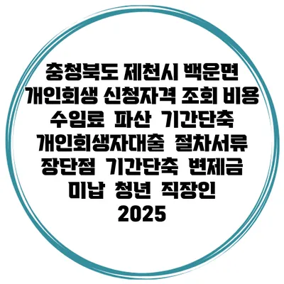 충청북도 제천시 백운면 개인회생 신청자격 조회 비용 수임료 | 파산 | 기간단축 | 개인회생자대출 | 절차서류 | 장단점 | 기간단축 | 변제금 미납 | 청년 | 직장인 2025